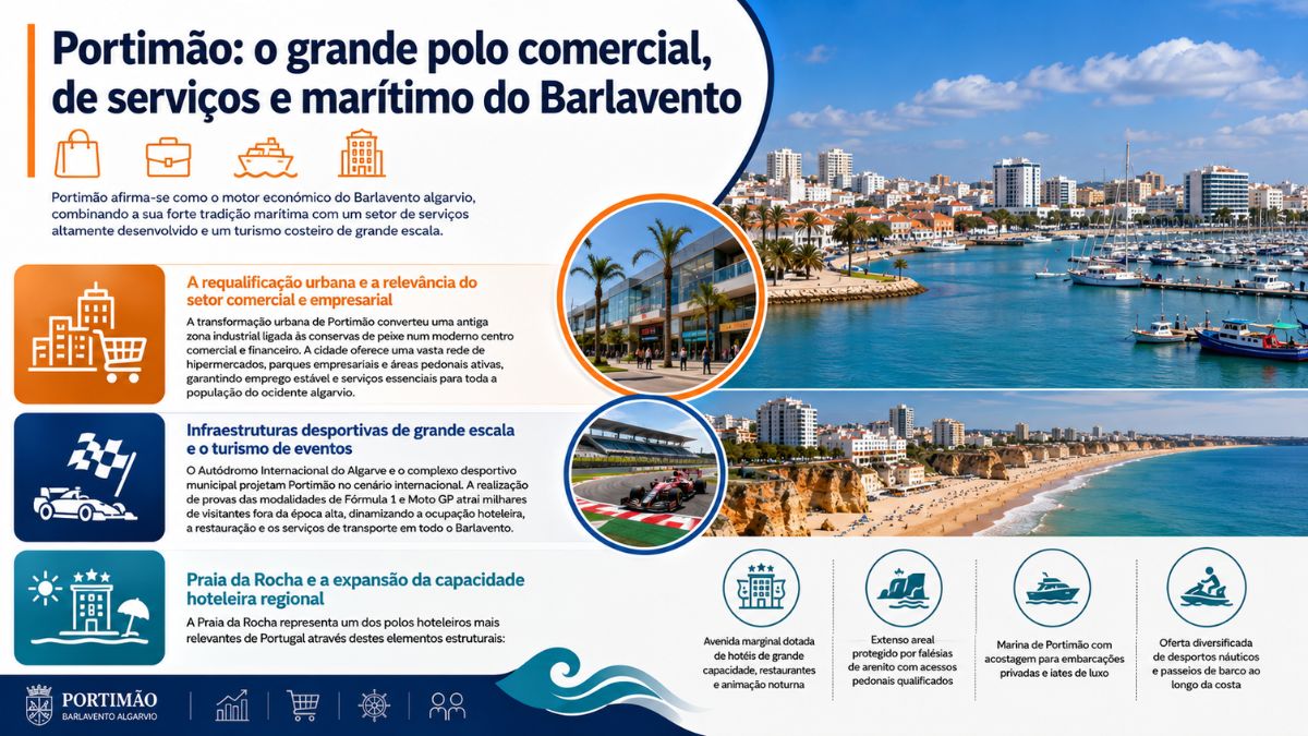 Infográfico informativo sobre a cidade de Portimão, destacando o desenvolvimento comercial, o Autódromo Internacional do Algarve e a Praia da Rocha no Barlavento algarvio.