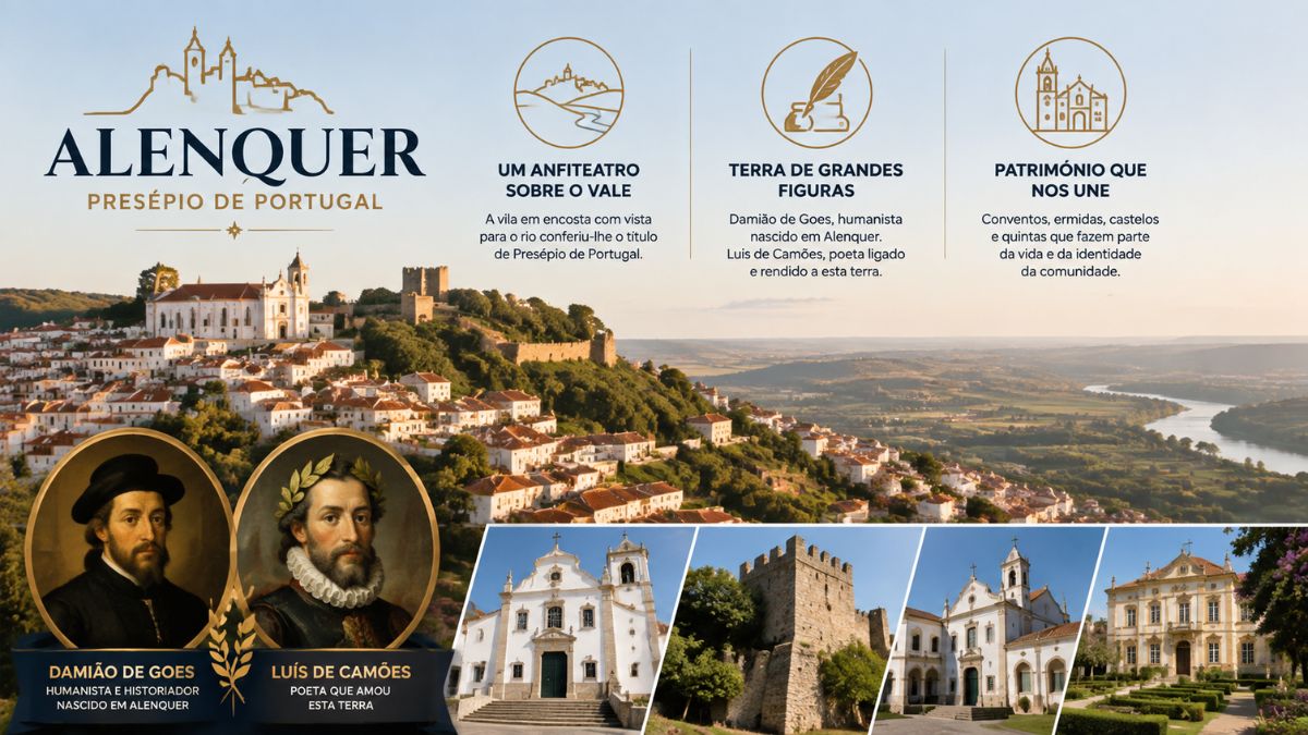 Infográfico explicativo sobre Alenquer como Presépio de Portugal com retratos de Damião de Goes, Luís de Camões e monumentos históricos locais.