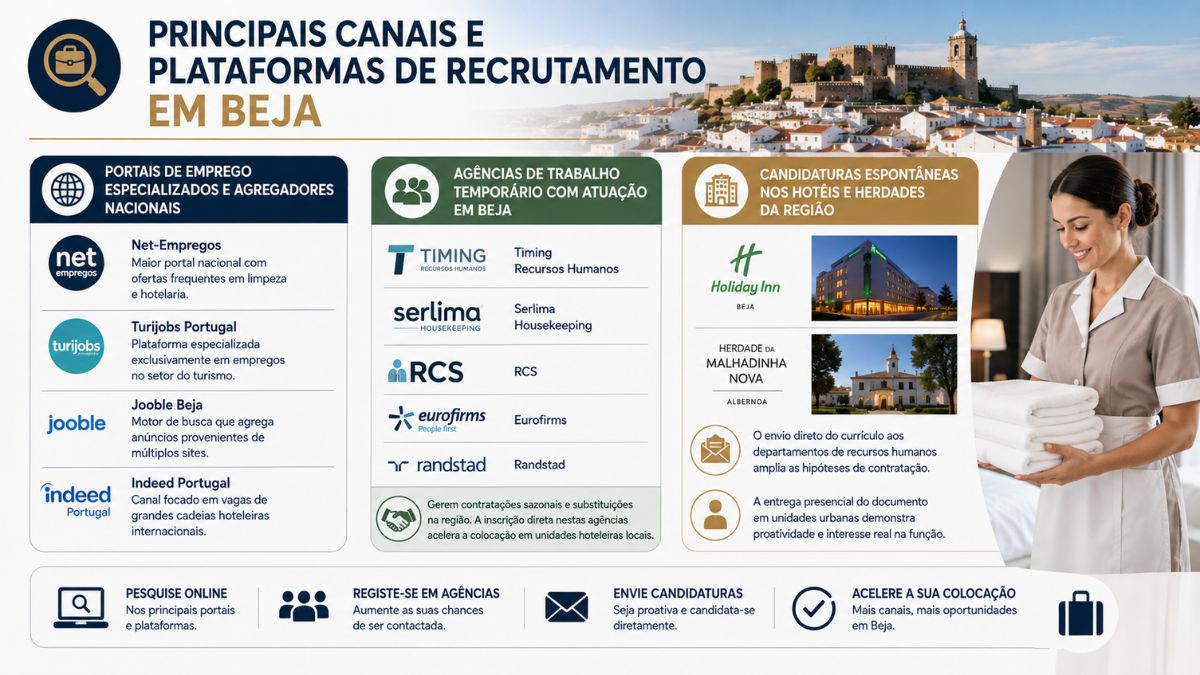 Infográfico com canais de recrutamento hoteleiro em Beja, apresentando portais de emprego, agências temporárias e candidaturas espontâneas.
