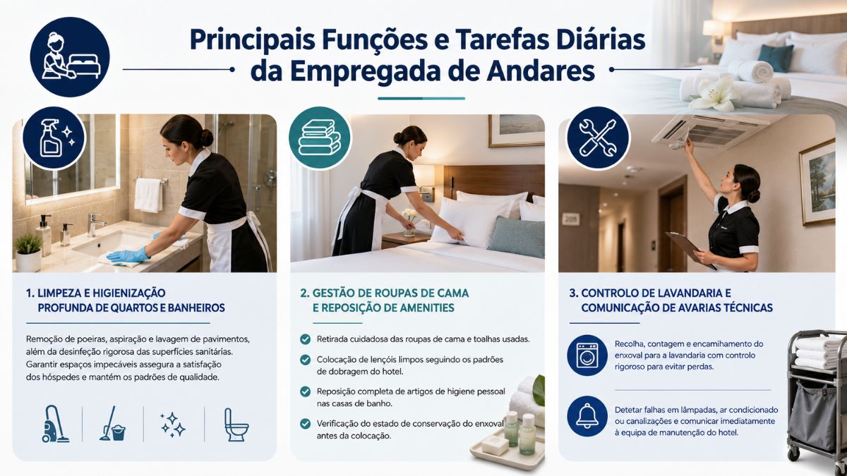 Infográfico detalhado com as funções diárias da empregada de andares, incluindo higienização de casas de banho, gestão de enxovais, reposição de consumíveis e verificação de avarias técnicas em hotéis.