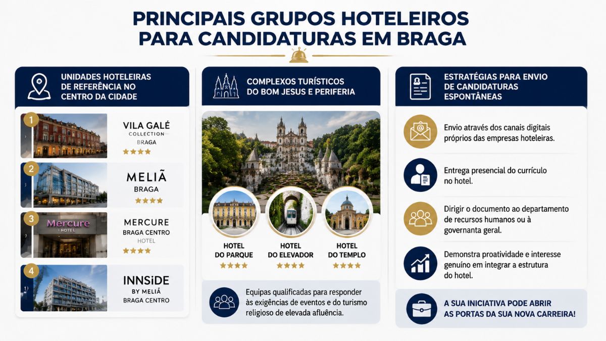 Infográfico com os principais hotéis em Braga para candidaturas de empregada de andares incluindo Vila Galé e complexo do Bom Jesus.