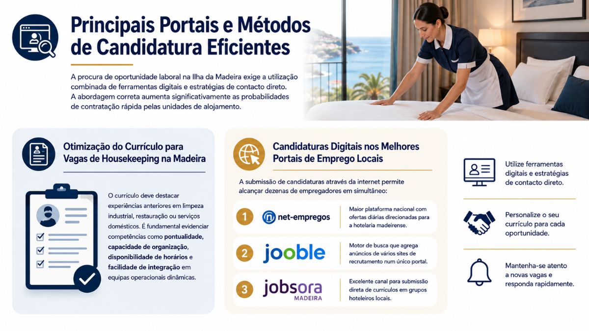 Infográfico explicativo com métodos de candidatura otimização de currículo e portais de emprego para empregada de andares em Funchal.