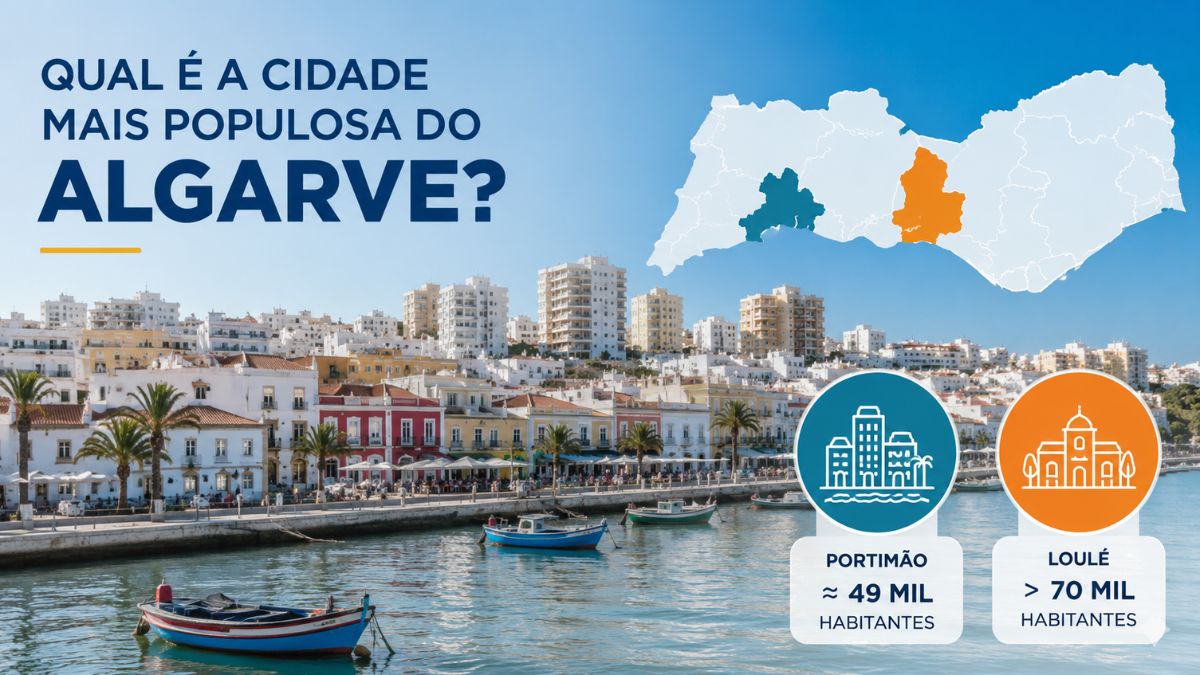 Infográfico sobre qual é a cidade mais populosa do Algarve com destaque para a foz urbana de Portimão e o mapa dos concelhos algarvios de Portimão e Loulé.