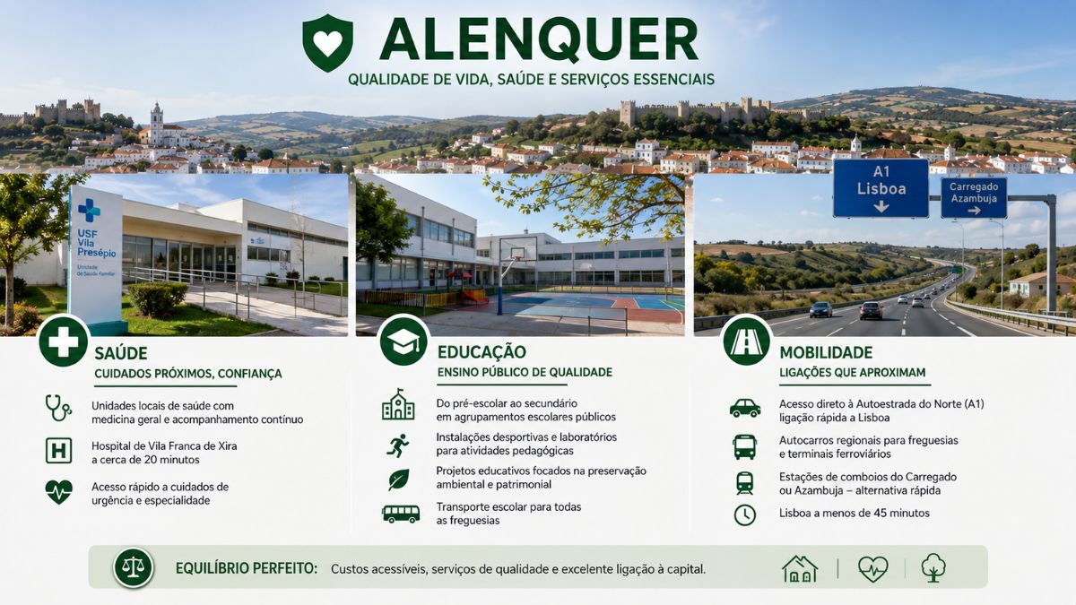 Infografia sobre a qualidade de vida em Alenquer destacando os serviços de saúde a rede de ensino e as vias de mobilidade e acessos.