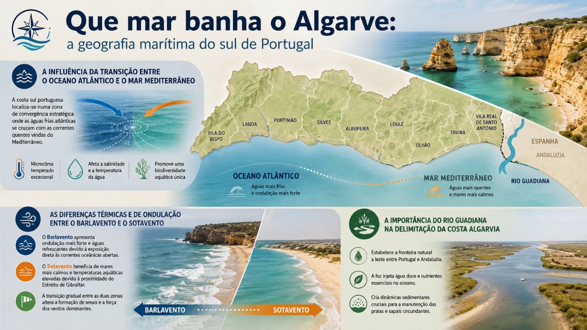 Infográfico detalhado sobre a geografia marítima do Algarve com mapa dos municípios, transição entre Oceano Atlântico e Mar Mediterrâneo, Rio Guadiana e comparação entre Barlavento e Sotavento.