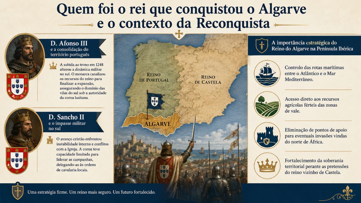 Infográfico histórico sobre quem foi o rei que conquistou o Algarve mostrando D. Afonso III, D. Sancho II e o mapa ibérico.