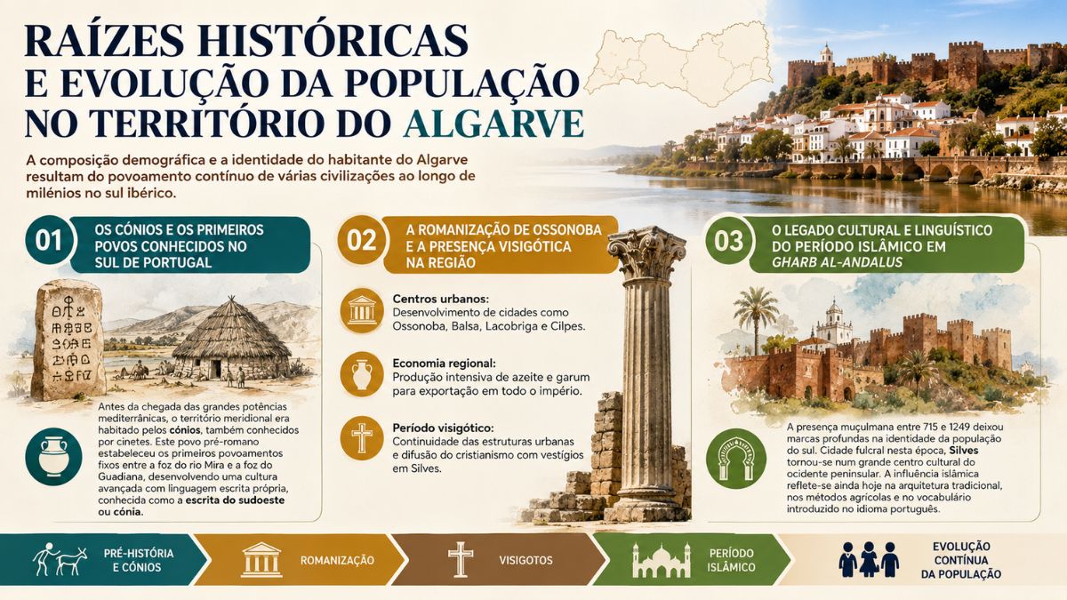 Infografia explicativa sobre a evolução da população no Algarve, apresentando dados desde os cónios até à romanização e ao período islâmico.