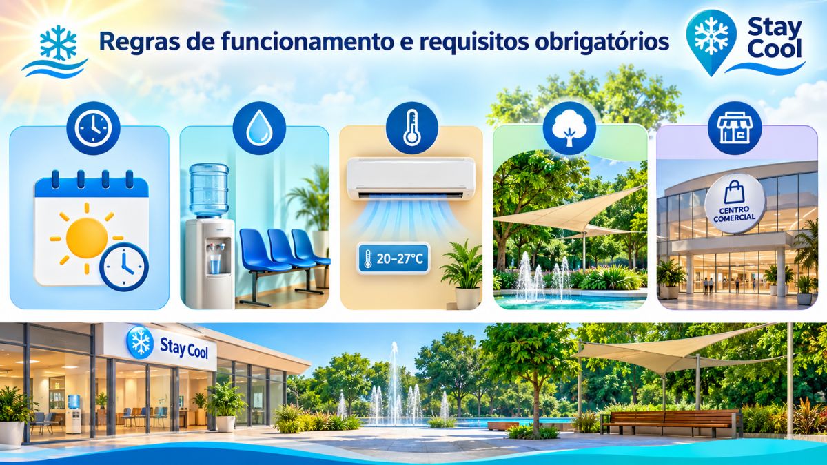 Infografia do programa Stay Cool detalhando as regras para refúgios climáticos. O painel superior apresenta cinco ícones representando os requisitos: horário de funcionamento com calendário e sol; disponibilidade de água potável com garrafão e copos; conforto térmico com ar condicionado e temperatura entre vinte e vinte e sete graus; espaços exteriores com árvores, sombras e água; e localização em centros comerciais. O painel inferior mostra exemplos visuais de um refúgio Stay Cool num edifício e numa zona de lazer exterior com fonte e sombras.