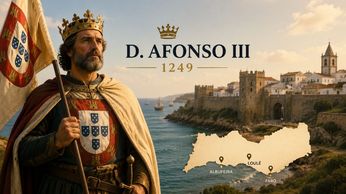Ilustração histórica do rei D. Afonso III segurando a bandeira de Portugal ao lado de um mapa com Albufeira, Loulé e Faro.