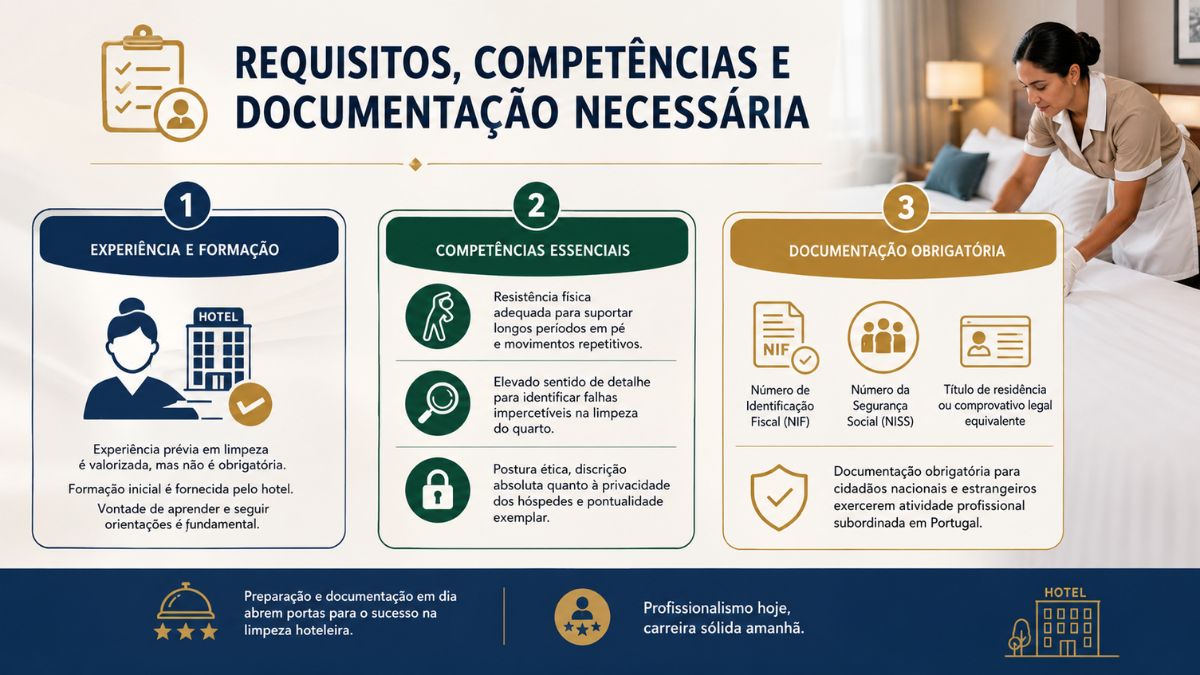 Infográfico explicativo sobre requisitos, competências e documentação necessária para trabalhar como empregada de andares na hotelaria.