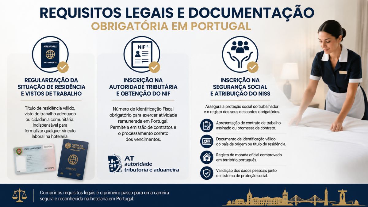 Infográfico com os requisitos legais para trabalhar na hotelaria em Portugal, destacando visto de trabalho, obtenção do NIF e registo do NISS.