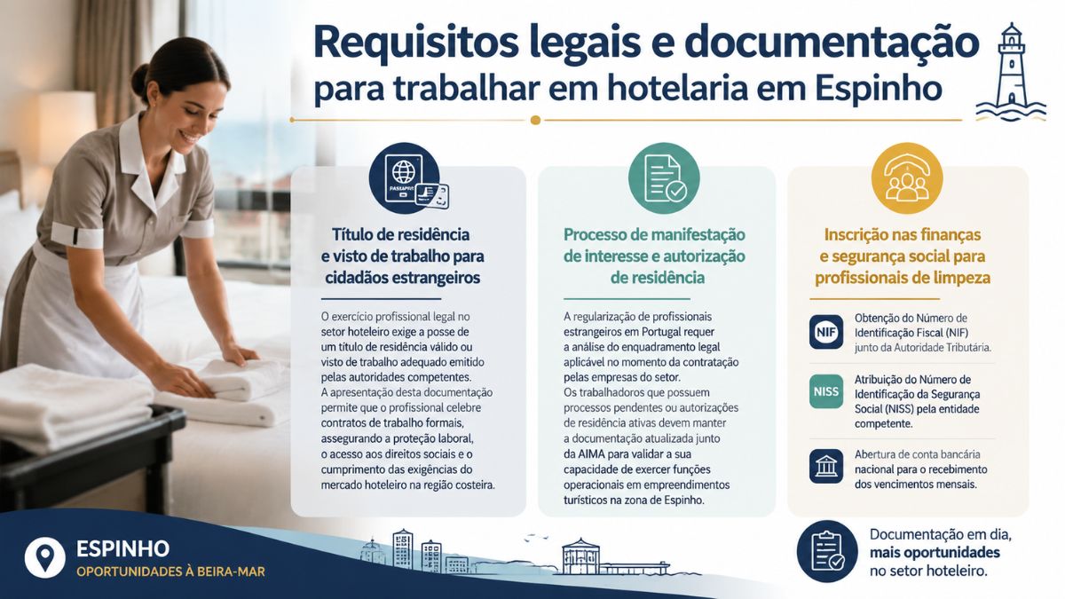 Infográfico informativo sobre os requisitos legais e a documentação para trabalhar em hotelaria em Espinho, com uma profissional a dobrar toalhas num quarto de hotel, detalhando visto de trabalho, título de residência, NIF e NISS em Portugal.