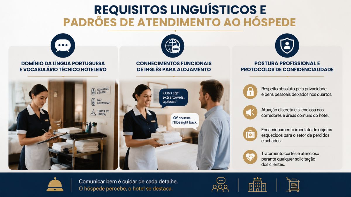 Infográfico sobre requisitos linguísticos e atendimento ao hóspede, demonstrando comunicação em inglês, vocabulário hoteleiro e normas de confidencialidade.