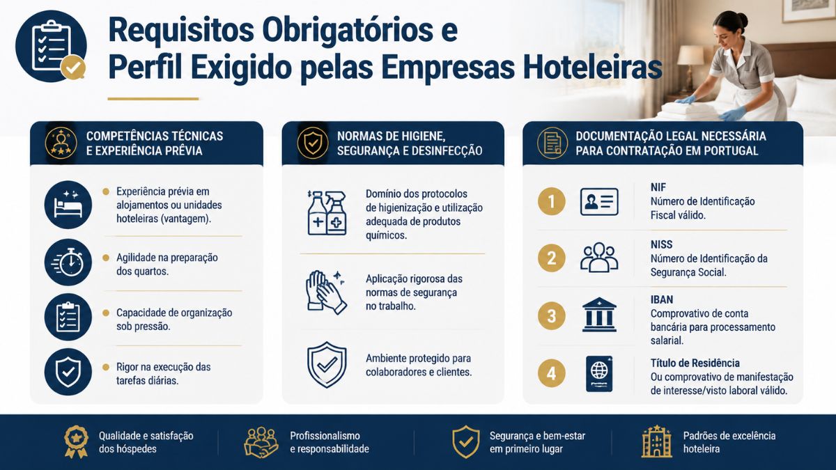 Infográfico sobre os requisitos obrigatórios e o perfil exigido pelas empresas hoteleiras para empregada de andares em Portugal.