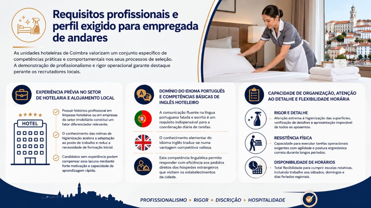 Infográfico com os requisitos e perfil exigido para empregada de andares em Coimbra detalhando experiência prévia, idiomas e competências de organização.