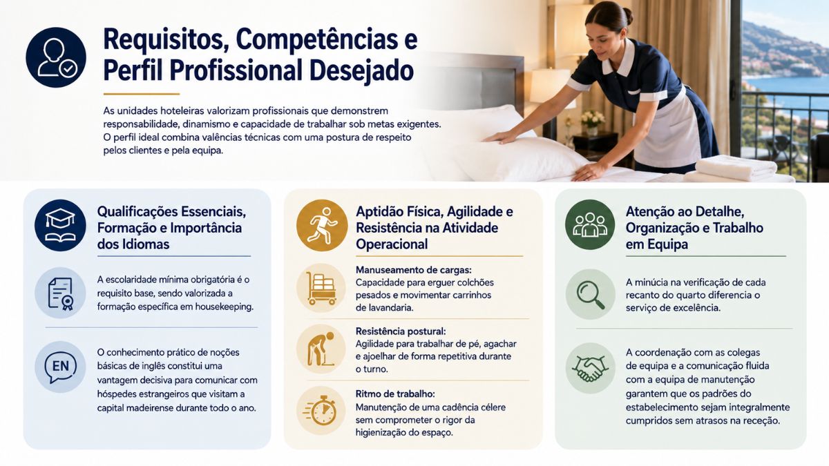 Infográfico informativo sobre os requisitos aptidão física competências e qualificações necessárias para trabalhar como empregada de andares no Funchal.