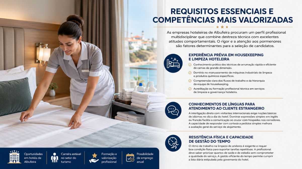 Infográfico em português-pt sobre os requisitos e competências de empregada de andares em Albufeira, mostrando uma camareira a arrumar a cama de um hotel.