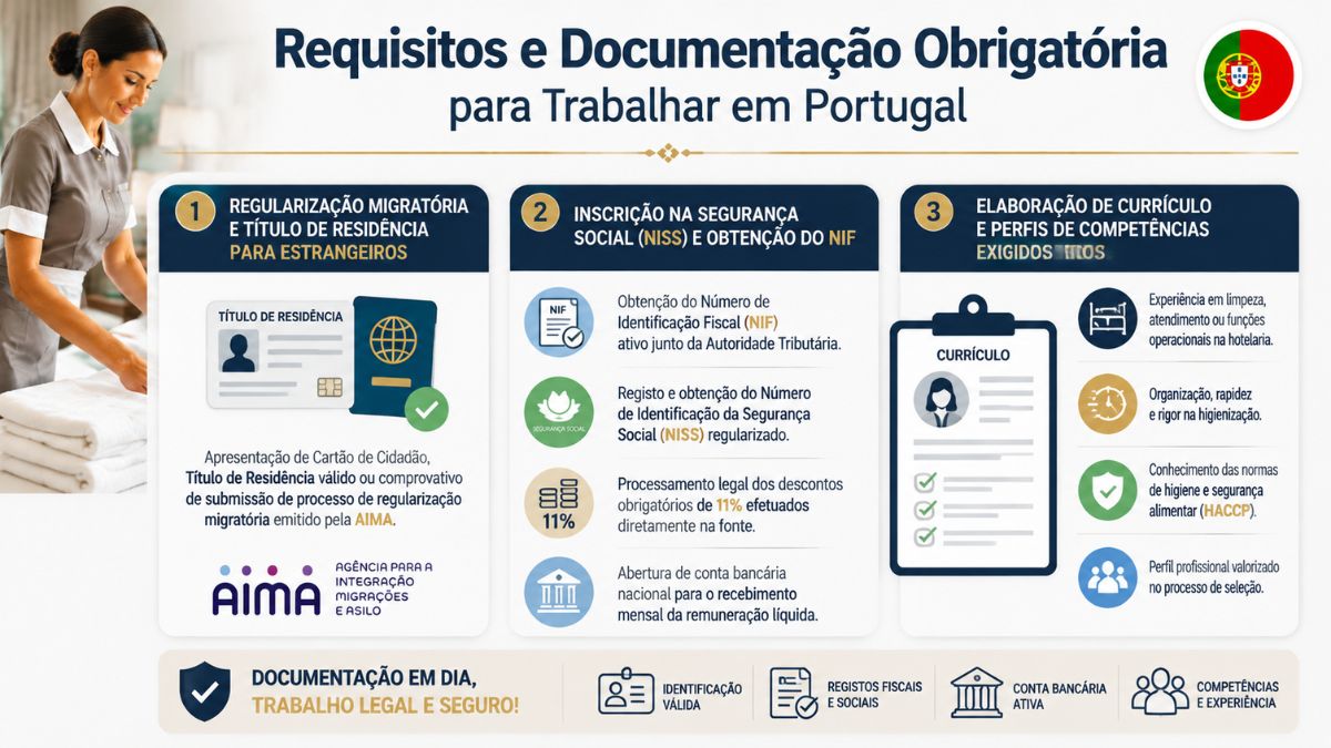 Infográfico sobre documentação necessária para trabalhar em Portugal destacando o Título de Residência da AIMA, obtenção do NIF e NISS e elaboração de currículo hoteleiro.