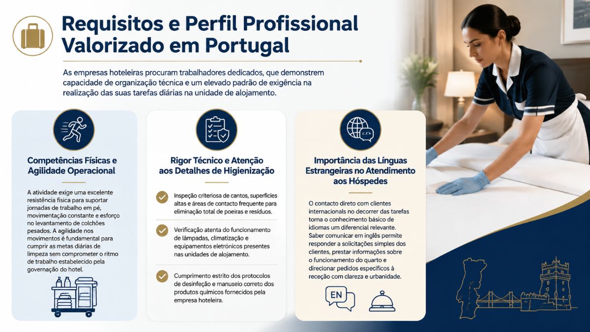 Infográfico com requisitos e perfil profissional para empregada de andares em Portugal destacando competências físicas, rigor técnico e conhecimento de línguas.