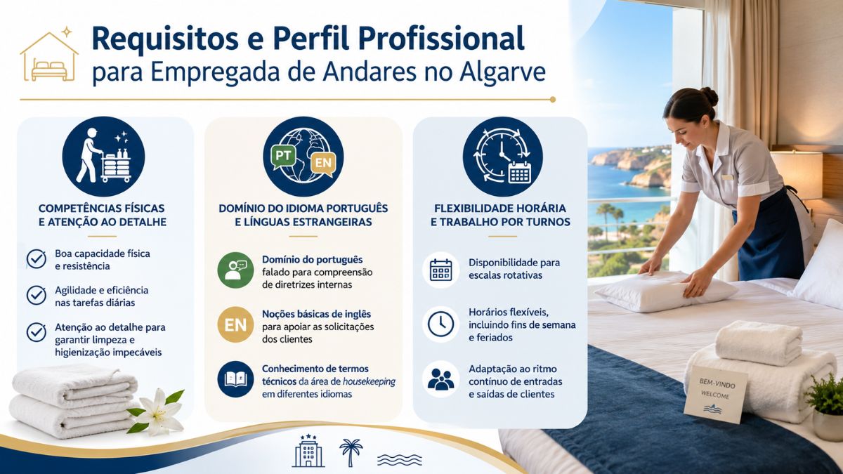 Infográfico explicativo sobre os requisitos profissionais e competências necessárias para empregada de andares no Algarve.