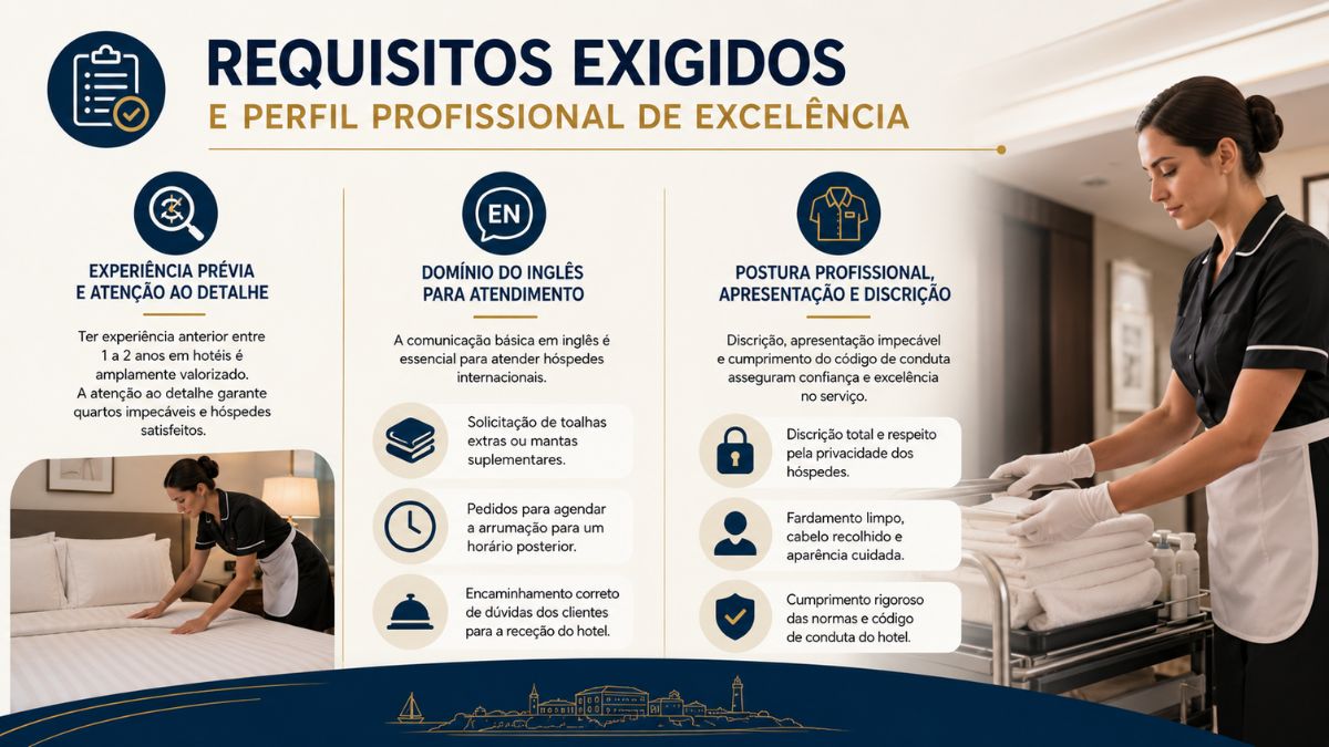 Infográfico com requisitos para empregada de andares em Cascais detalhando experiência prévia, domínio de inglês e postura profissional na hotelaria.