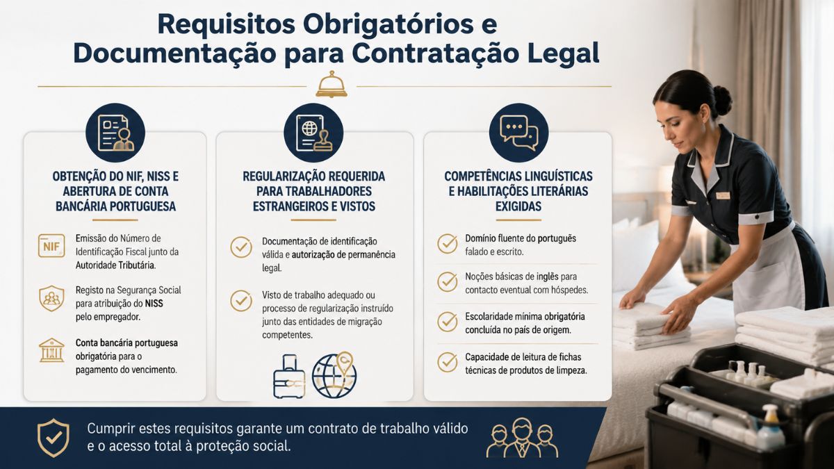 Infográfico informativo com os requisitos obrigatórios e documentação para contratação legal de empregada de andares em hotel, incluindo NIF, NISS, vistos e competências linguísticas exigidas.