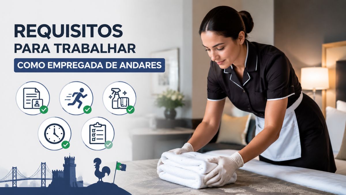 Empregada de andares a dobrar toalhas num quarto de hotel em Portugal com ícones explicativos sobre requisitos de documentação, agilidade, limpeza, horários e organização.