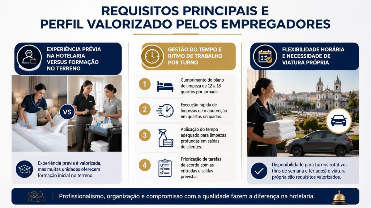 Infográfico com requisitos para empregada de andares em Braga destacando experiência, gestão de tempo e flexibilidade horária no setor hoteleiro.