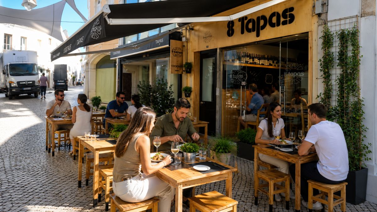 Pessoas almoçando na esplanada ao ar livre do restaurante 8 Tapas em uma rua de paralelepípedos no centro de Faro.