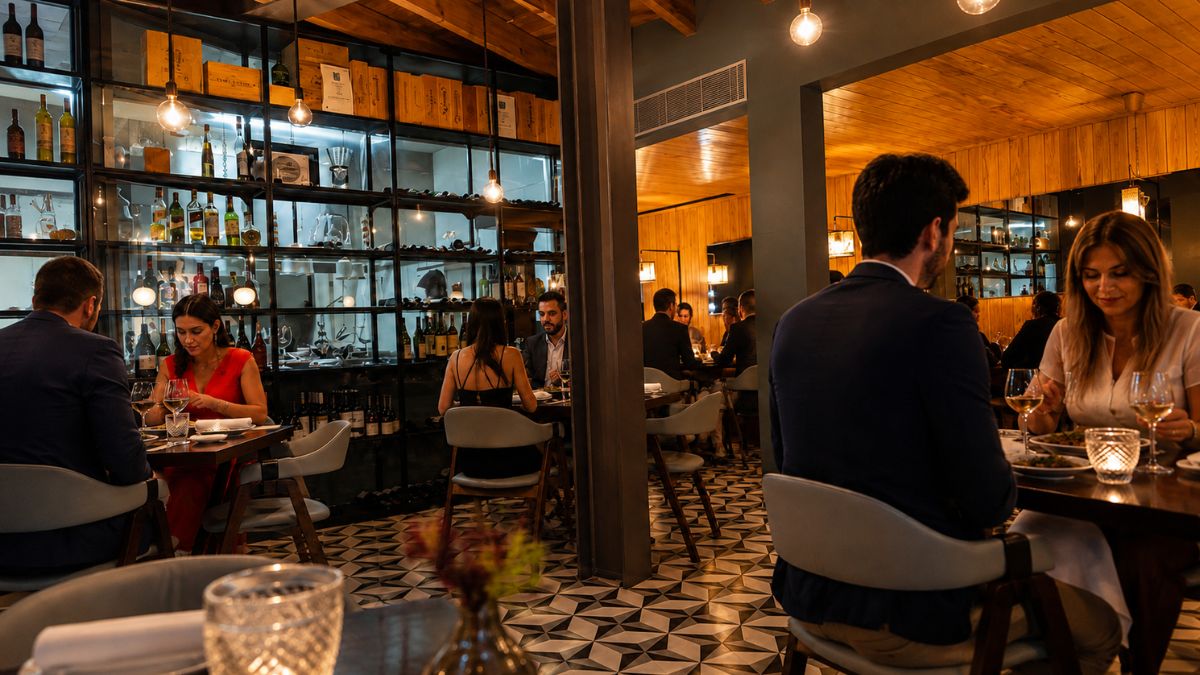 Salão elegante do restaurante A Cozinha por António Loureiro em Guimarães com garrafeira iluminada de fundo e pessoas jantando em Portugal.