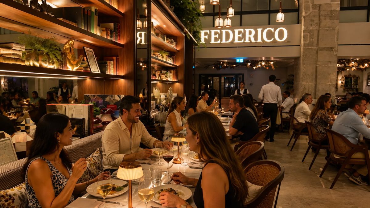 Pessoas jantando no interior sofisticado de um restaurante moderno com iluminação acolhedora, estantes de madeira decoradas e letreiro iluminado em Lisboa.