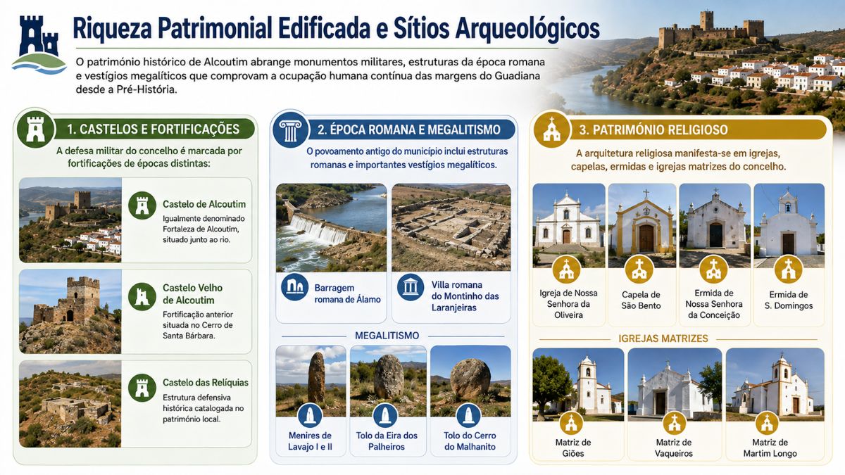 Infográfico do património de Alcoutim mostrando fortificações militares, vestígios da época romana, estruturas do megalitismo e igrejas históricas do concelho.