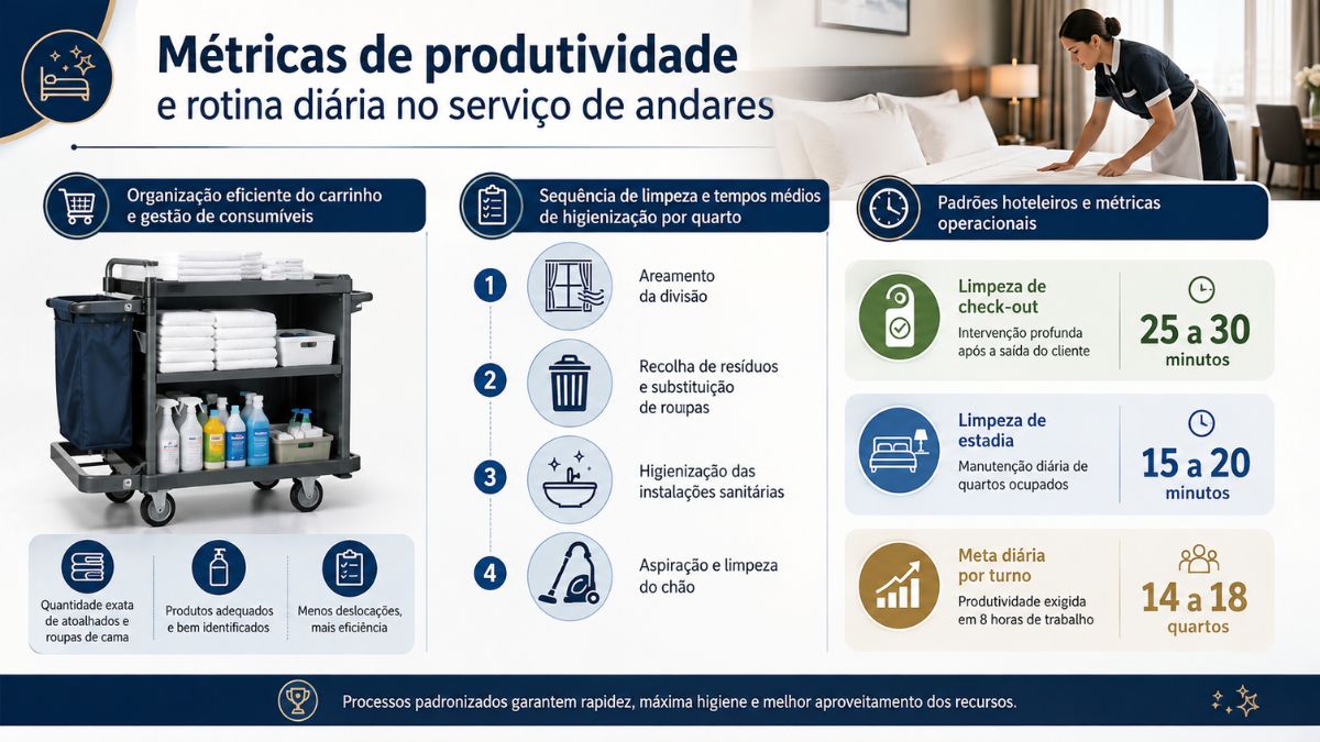 Infográfico explicativo sobre a rotina de trabalho da empregada de andares com etapas de limpeza, tempos médios por quarto e metas diárias.