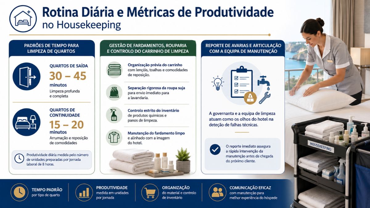 Infográfico explicativo sobre a rotina diária, métricas de produtividade e controlo de limpeza hoteleira no Algarve.