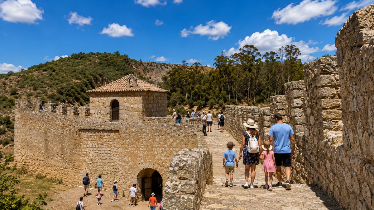Visitantes e famílias a caminhar ao longo das muralhas de pedra do Castelo de Alenquer com vista para a serra e colinas envolventes.