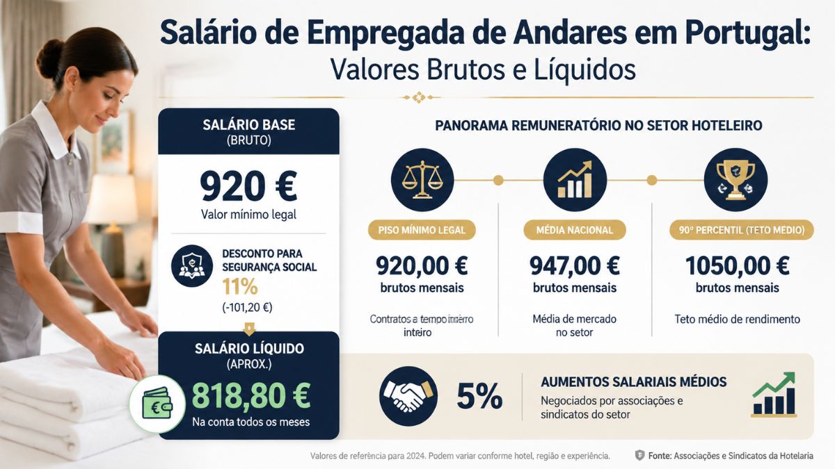 Infográfico estatístico detalhando o salário de empregada de andares em Portugal com o valor bruto base de 920 euros, desconto de 11 por cento para a Segurança Social e salário líquido estimado de 818,80 euros.