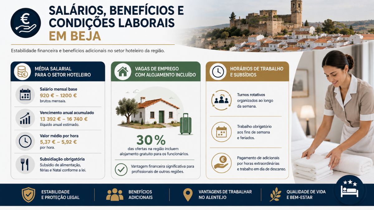 Infográfico sobre salários e condições laborais na hotelaria em Beja com imagem de camareira e detalhes de remuneração.