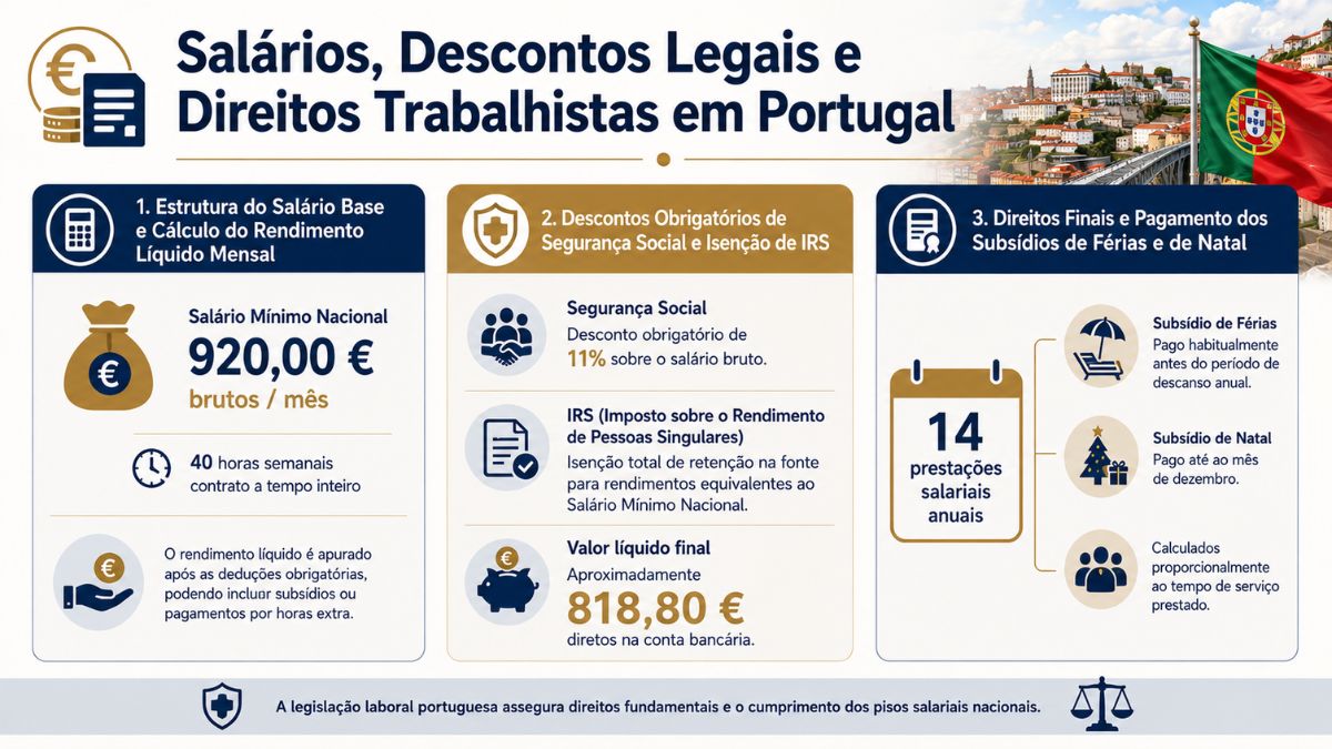 Infográfico detalhando a estrutura do salário base, descontos de Segurança Social, isenção de IRS e subsídios de férias e Natal em Portugal.