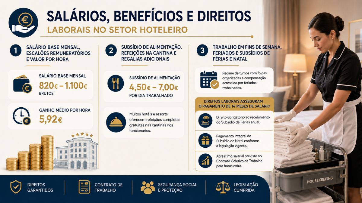 Infográfico sobre salários e direitos laborais de empregada de andares em Cascais detalhando salário base, subsídio de alimentação e catorze meses.