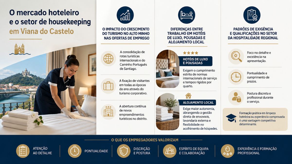 Infográfico sobre o mercado hoteleiro e governança de andares em Viana do Castelo com detalhes sobre turismo e qualificações profissionais.