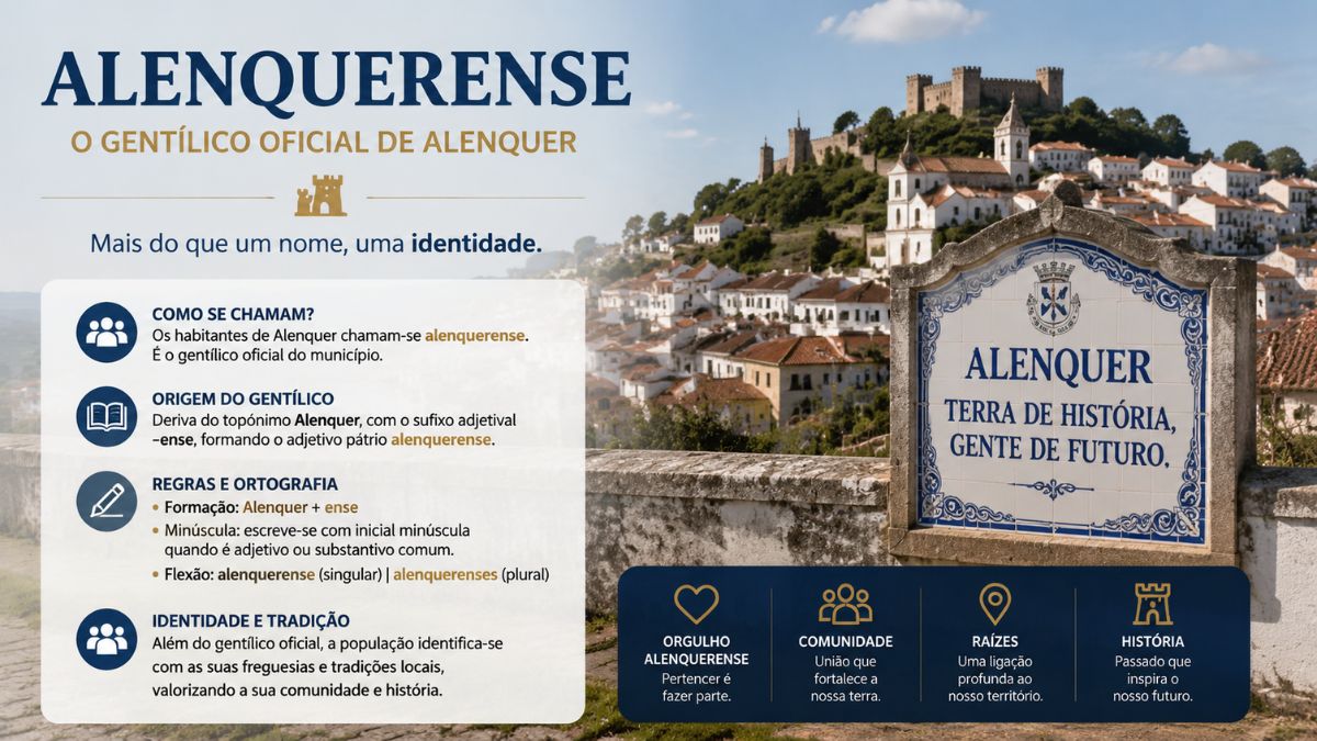 Infográfico explicativo sobre o gentílico alenquerense com regras de ortografia, a paisagem da vila de Alenquer e a placa decorativa no castelo.