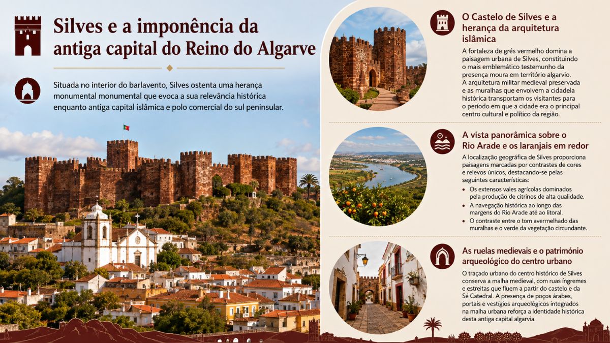 Infografia de Silves no Algarve mostrando o castelo de grés vermelho, a vista do Rio Arade com laranjais e as ruelas medievais.