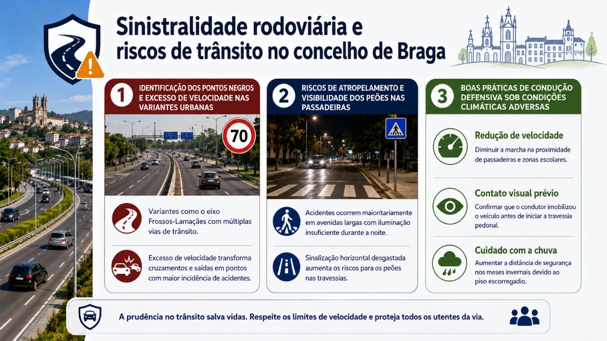Infográfico sobre segurança rodoviária em Braga com pontos negros, riscos de atropelamento nas passadeiras e dicas de condução defensiva.