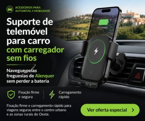 Banner publicitário com suporte de telemóvel para carro instalado na grelha de ventilação sobre fundo das vinhas de Alenquer.