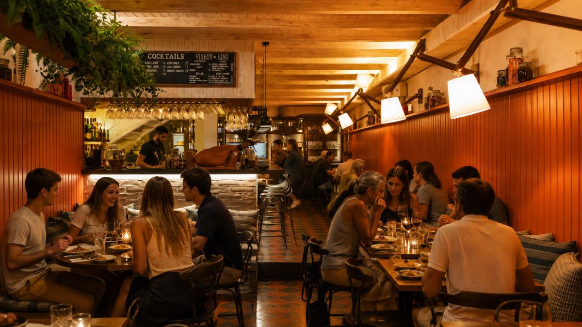 Clientes reunidos em uma acolhedora tasca típica no Porto, aproveitando refeições e pratos tradicionais de bacalhau em mesas de madeira.