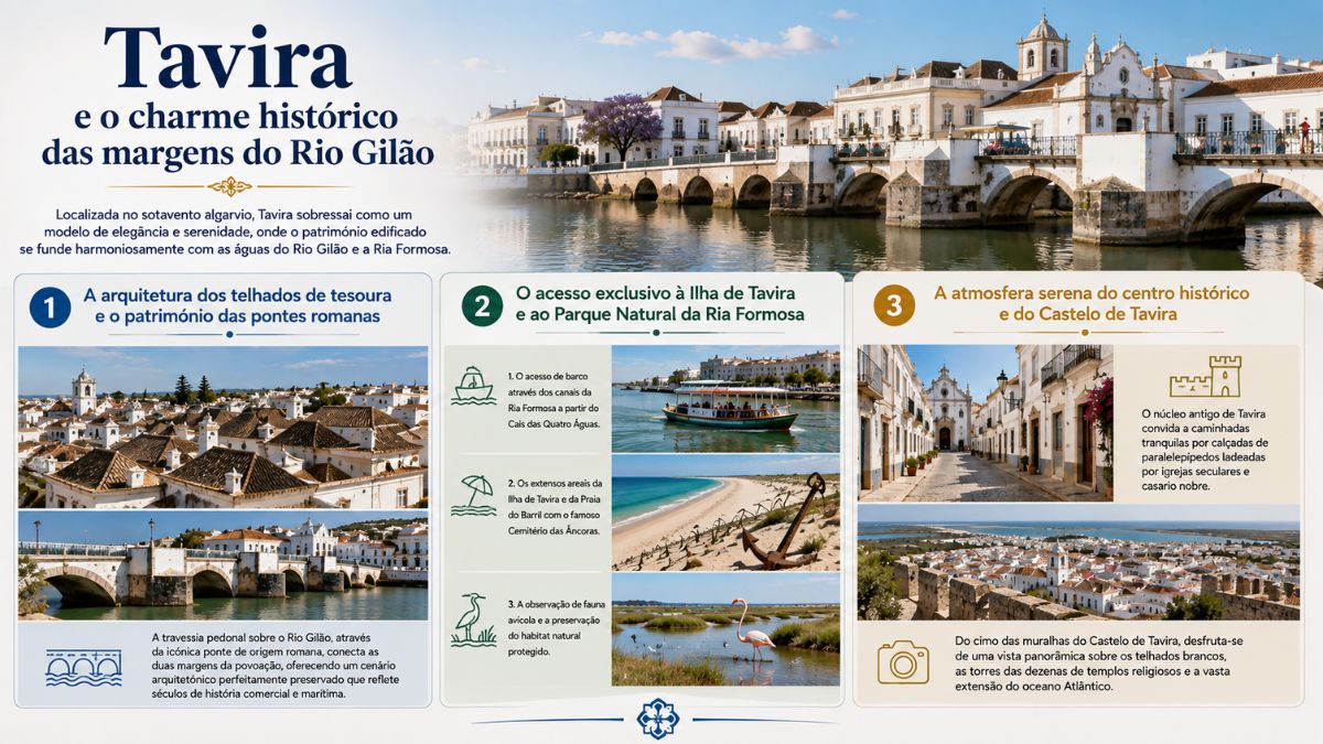 Infografia de Tavira no Algarve com telhados de tesoura, ponte romana, passeios de barco na Ria Formosa e vista do Castelo.