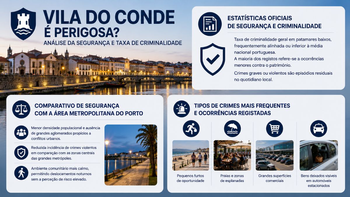 Infográfico explicativo sobre a segurança em Vila do Conde com estatísticas de criminalidade e comparação com a área metropolitana do Porto.