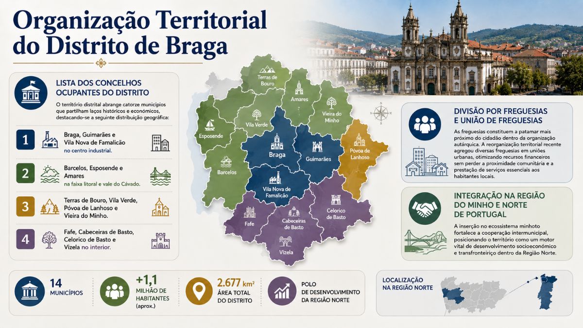 Infográfico detalhado sobre a organização territorial do distrito de Braga, apresentando o mapa dos catorze municípios, divisão por freguesias e dados demográficos do Minho.