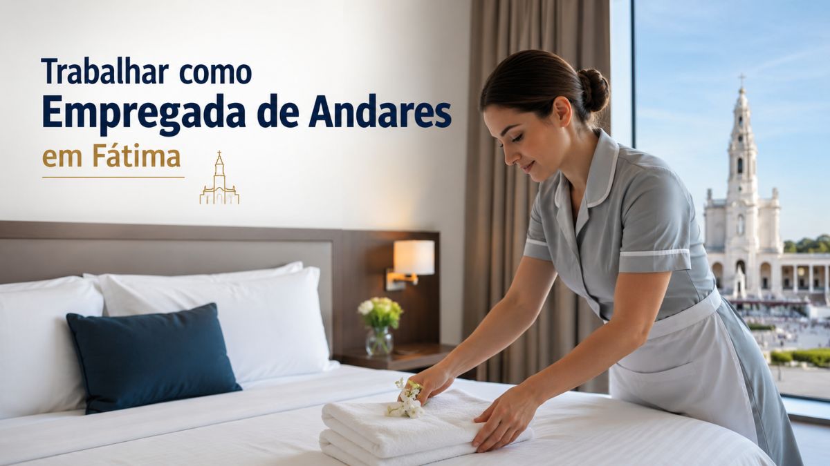 Empregada de andares a arrumar uma cama de hotel com vista para o Santuário de Fátima em Portugal.