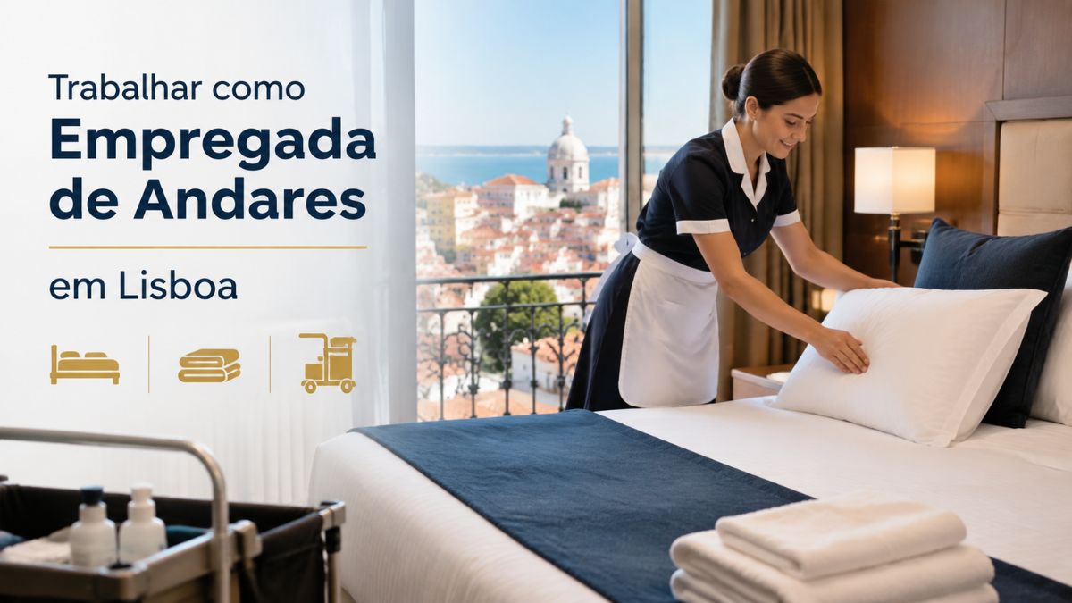 Empregada de andares a arrumar uma cama num quarto de hotel de luxo com vista panorâmica para a cidade de Lisboa.